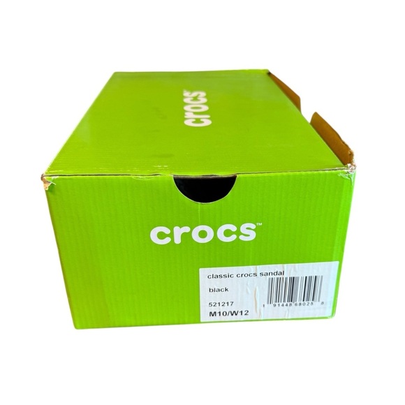 Classic black crocs sandals. Men size 10 or Women’s size 12.